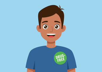 Smiling cartoon man with brown hair and skin wearing a blue shirt with a DrugFree button on it