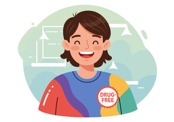 Smiling figure with a DrugFree badge colorful shirt and stylized design
