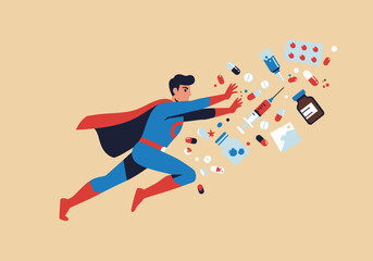 Superhero figure midflight hands outstretched amid assorted medical pills and containers