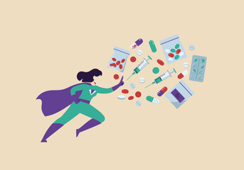 Superhero halts drugs with outstretched hand surrounded by pills syringes and packets