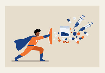 Superhero shields against drugs pills syringes and a plastic bag on a lightcolored backdrop
