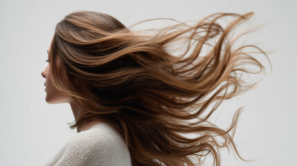 A woman flipping her long hair in motion against a white background, dynamic movement, beauty and energy captured in minimalist studio style.