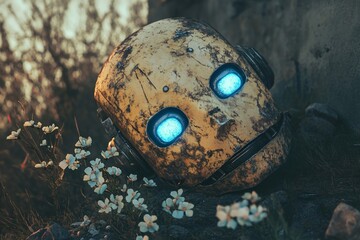 A destroyed and rusted robot head with glowing blue eyes lies on the ground among small flowers, depicting post-apocalyptic future.