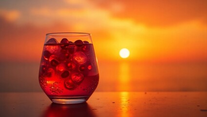 Red Drink Sunset Ocean View Ice Cubes Glass image