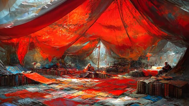 A vibrant red tent interior, filled with stacks of books and textiles, houses a lone figure, bathed in sunlight streaming through gaps in the fabric