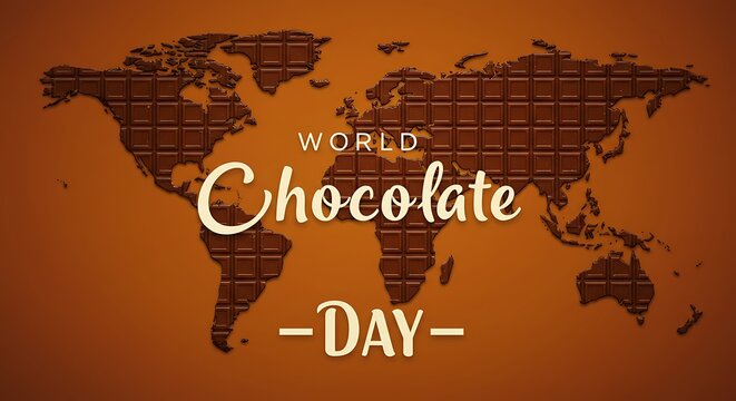A world map made of chocolate squares is shown against a brown background with the text world chocolate day