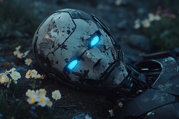 Fallen robot head with glowing blue eyes lies on the ground among flowers, depicting a post-apocalyptic scene.