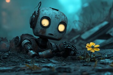Lonely robot with glowing eyes emerging from debris with a single yellow flower. Concept of hope and renewal in a post-apocalyptic world.