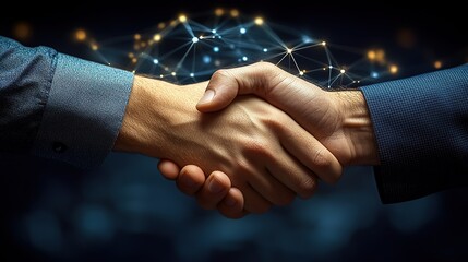 Hands Shaking - Blue Denim - like and Dark Blue Suit Sleeves with Glowing Network Nodes Background, Representing Tech Partnership