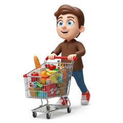 Cartoon boy pushing a shopping cart full of groceries on a white background (1)