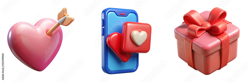 Poster 3d rendering heart with arrow smartphone with love icon and gift box for valentines day high quality