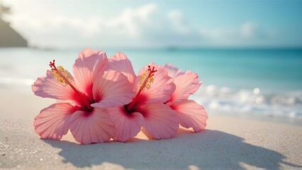 Pink Hibiscus and Plumeria Blossoms on Sandy Beach Tropical Paradise