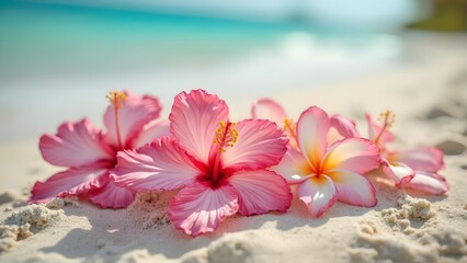 Pink Hibiscus and Plumeria Blossoms on Sandy Beach Tropical Paradise