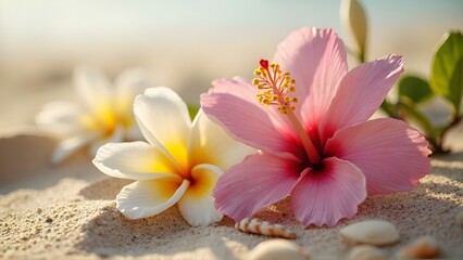 Vibrant Pink Hibiscus and Plumeria Blossoms on Sandy Beach A Tropical Paradise