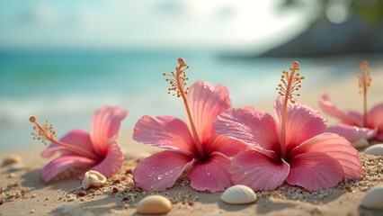 Pink Hibiscus and Plumeria Blossoms on Sandy Beach Tropical Paradise