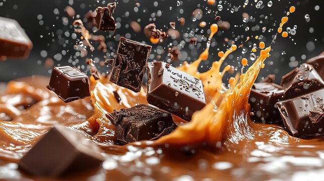 Chocolate Squares Splashing with Caramel - Colored Sauce and World Chocolate Day Text on Dark Background