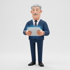 Cartoon Senior Businessman Using Tablet with Glowing Light Effect