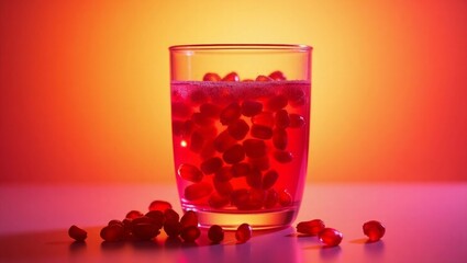 Red Pomegranate Seeds in Glass with Orange Background 1