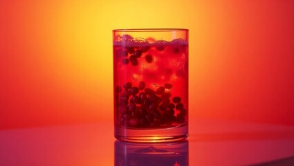 Red Pomegranate Seeds in Glass with Orange Background