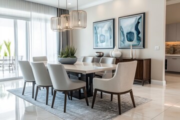 Fototapeta premium Chic dining area featuring soft neutrals and accent colors, modern table and chairs