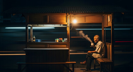 An elderly Indonesian man sits alone, drinking hot coffee at his wooden street food stall (angkringan) at night, with motion blur of traffic in the background representing city life
