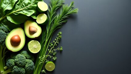   Green vegetables, fresh and green fruits