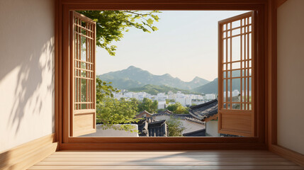 view from the window of a house, traditional house, Hanok, Korea