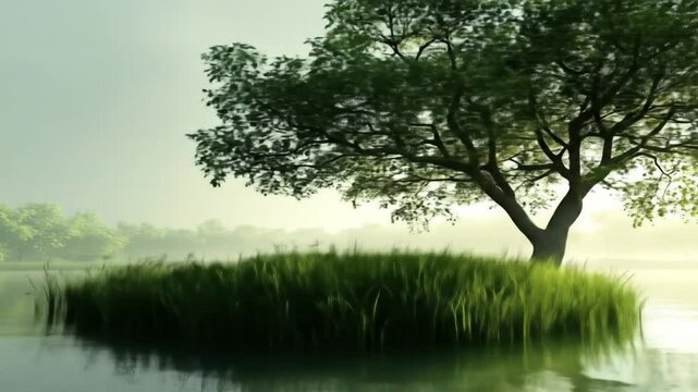 Tranquil lakeside tree sanctuary shrouded in mist