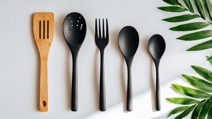 Kitchen Utensils Flat Lay with Green Leaves