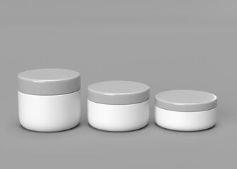 Three Blank Cosmetic Jars Mockup Different Sizes, Gray Lids, White Containers