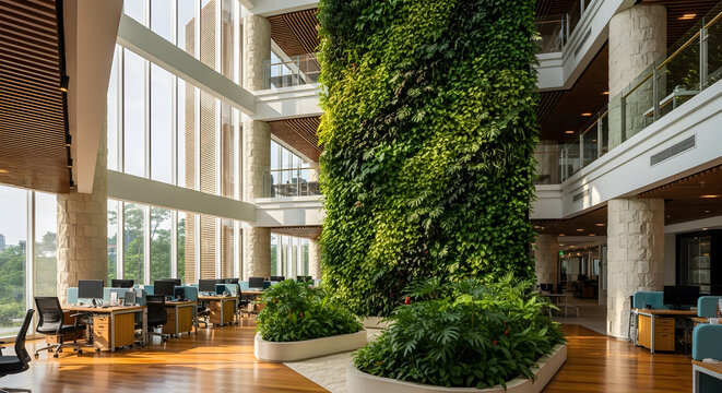 Interior of a modern, eco-friendly office featuring a large vertical garden. This biophilic design promotes sustainability and employee well-being in a corporate setting