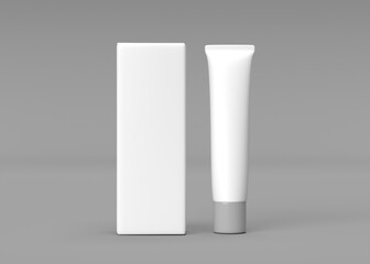 Blank White Tube and Box Packaging Mockup on Gray Background