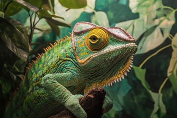Obraz premium Chameleon looking up from its perch, green and yellow accents, wildlife portrait