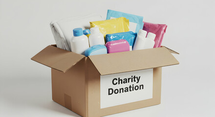 Charity donation box filled with supplies