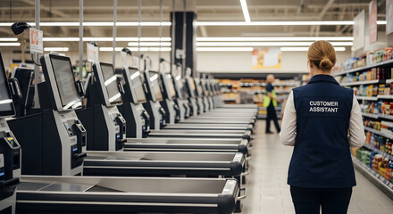A customer assistant stands in a supermarket aisle with a long row of modern self-checkout machines, representing the automation of retail and the changing role of customer service
