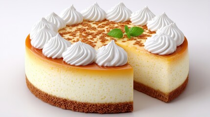 Creamy Caramel Cheesecake with Whipped Cream and Mint Garnish