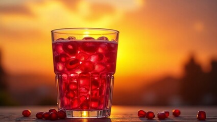 Sunset Pomegranate Juice Glass Red Drink Ice Cubes