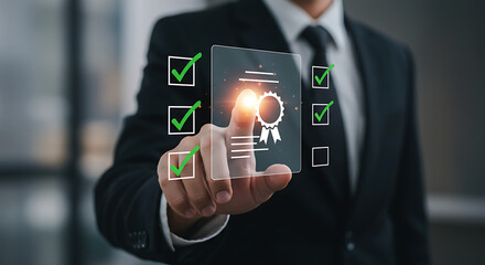 Man in suit pointing at a digital certificate with checkmarks indicating approval and compliance shown