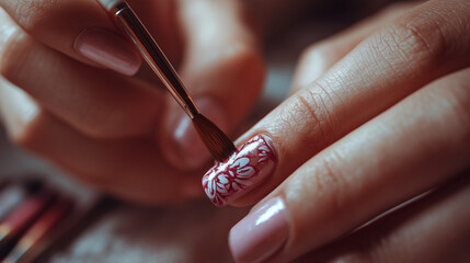 Close-up of fingers receiving nail art, professional manicure in progress, detailed hand care, creative nail design, beauty treatment, colorful polish, artistic nails.