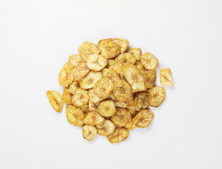 Indian snacks called Banana Chips isolated on white background 