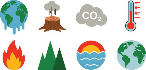 Melting globe fire thermometer co2 deforestation mountains ocean sun vector