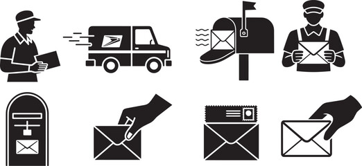 Mail delivery service icons postman truck