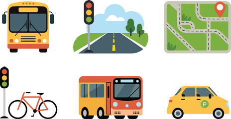 Yellow bus red bus orange bike yellow car traffic light road map vector