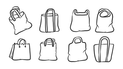 Set of Hand-Drawn Outline Illustrations of Various Shopping Bags and Totes