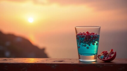 Teal Cocktail Pomegranate Seeds Sunset Ocean View drink