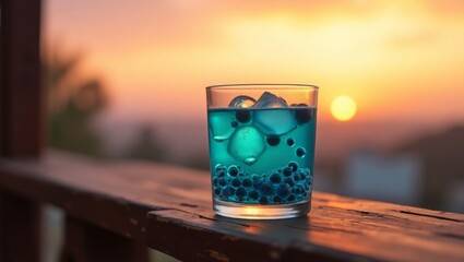 Teal Cocktail Sunset Ice Cubes Blue Beads Glass drink