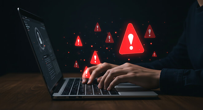 Person typing on laptop with red warning signs indicating a security threat on a dark background