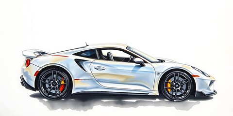 A highly detailed, realistic side-view illustration of a white sports car with colorful accents and a large rear spoiler.