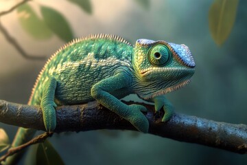 Fototapeta premium Cartoon-like chameleon resting on a branch, realistic textures, gentle eye expression