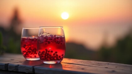Two Glasses Pomegranate Sunset Drink Ice Cubes Wooden Table